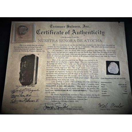  Atocha Four Reale, NV Assayer, Potosi Mint, Philip III Era, Grade III, #CH4-43-49350, COA Endorsed By Jim Sinclair.