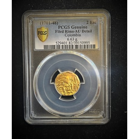 Rare PCGS Genuine AU Details 2 Escudo, Bogota Mint, 6.63 grams.