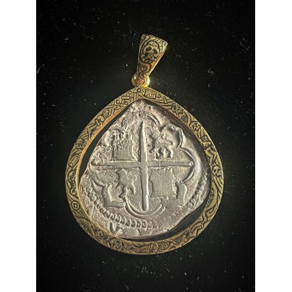 Rare Atocha Four Reale, T Assayer, Potosi Mint, Philip III Era, Grade III, Mounted in 18k Gold, #CH4-43-42669, COA Endorsed by Jim Sinclair.