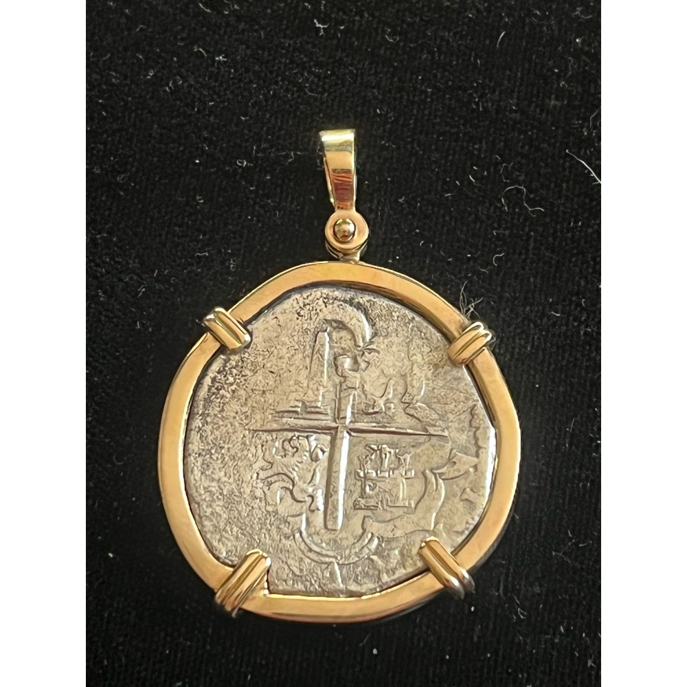 Pretty Concepcion 1630's Toledo Mint, Four Reale, NV Assayer, Phillip IV Era, Grade I, Mounted in 14k Bezel #SC21-453