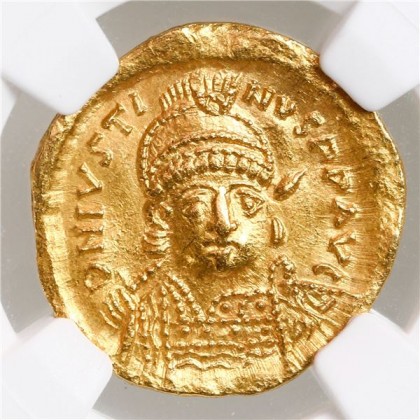NGC Byzantine Empire, AV Solidus, Justin I, 518-527 AD, Constantinople Mint, NGC AU, Strike 5/5