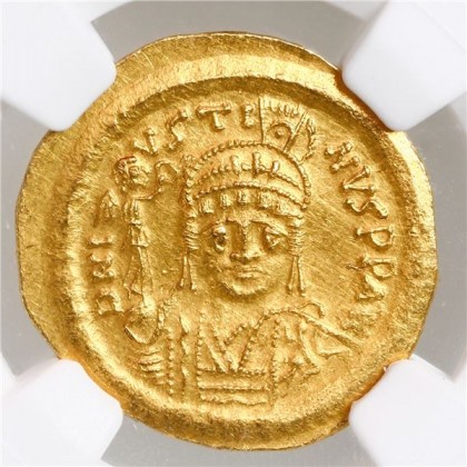 Byzantine Empire, AV Solidus, Justin II, 565-578 AD, Constantinople Mint, NGC MS, Strike 5/5. #23-1638