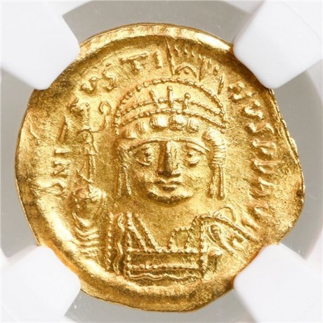 Byzantine Empire, Justin II, AD 565-578 AV Solidus, rv Constantinople std, Clipped, NGC Ch AU, Strike 5/5, Surface 2/5