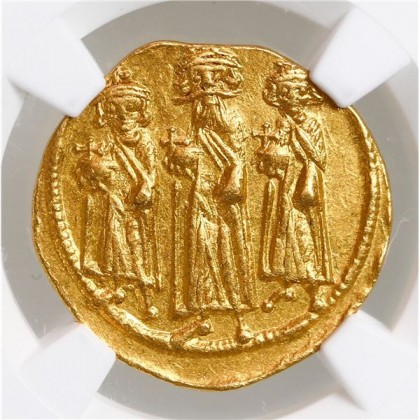 Byzantine Empire, AV solidus, Heraclius, Heraclius Constantine and Heraclonus, 632-641 AD, NGC Ch AU. #23-1644