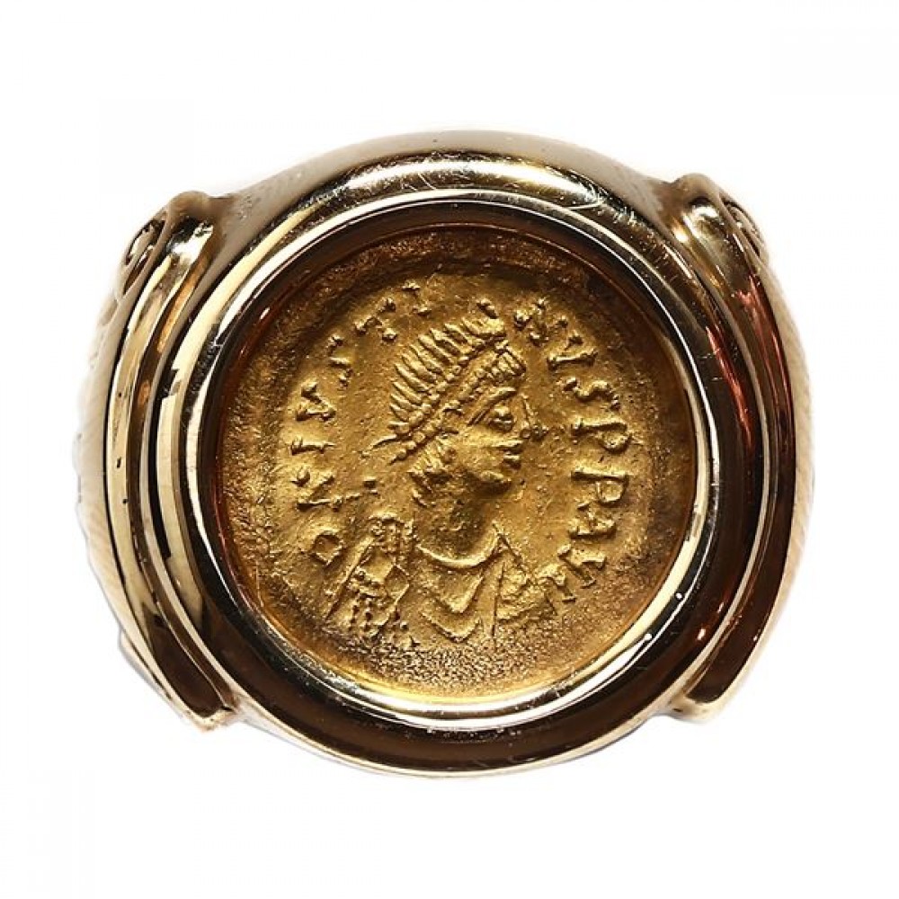 Byzantine Empire, AV tremissis, Justinian I, 527-565 AD, mounted bust-side out in 14K gold men's ring