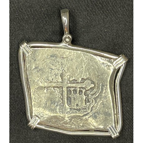 SOLD!!   Rare 1715 Fleet Eight Reale, Mexico City, NV Assayer, 1702-1715 Strike, Philip V, Grade 1, Un-mounted weight 26.70 grams, Weight with custom silver bezel 31.9 grams #22-1497