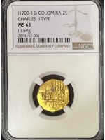SOLD!!   TOP POP! 1715 Spanish Plate Fleet Gold Colombia Two Escudo (Doubloon), Date circa 1700/1713, Grade 1, NGC Top Graded MS63, Full Weight 6.69 grams #GC23-1715-124635