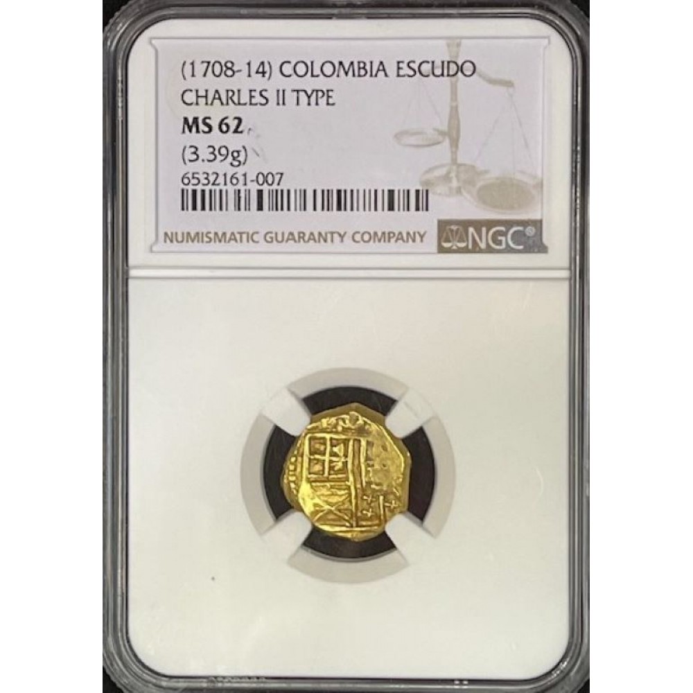 Extremely Rare! 1715 Spanish Plate Fleet Shipwreck Gold One Escudo, Mint-Bogota, Colombia, Date-circa 1708/1714, Grade 1, Top Grade NGC MS62, Full Weight 3.39 grams #GC23-1715-356452