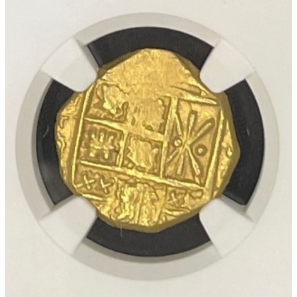 1715 Spanish Plate Fleet Shipwreck Gold Doubloon, Dated 1704, Colombia, 2 Gold Escudo, Full Weight 6.74 grams, Top Grade NGC-MS 63. #6861871-002