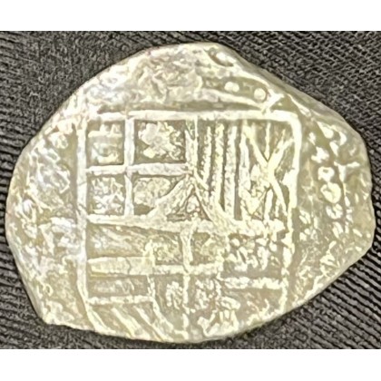 SOLD!!    Atocha 2 Reale Silver Coin, Mint-P, Potosi, Assayer-B with rare diamond/oval border, Weight 4.8 grams, Grade 1. #85A-144279