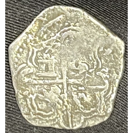 Atocha 2 Reale Silver Coin, Mint-P, Potosi, Assayer-Q, Weight 5.80 grams, Grade 1, Small dot border. #85A-186037