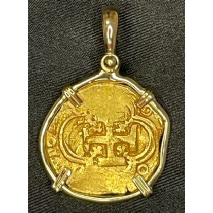 Rare Atocha Era Gold Doubloon, 2 Escudo, Mint-Seville, Rare Assayer-G, Dated 1619, Full weight un-mounted 6.74 grams, Grade 1, mounted in a custom made 14k gold bezel, total weight 10.6 grams. GC22-2379