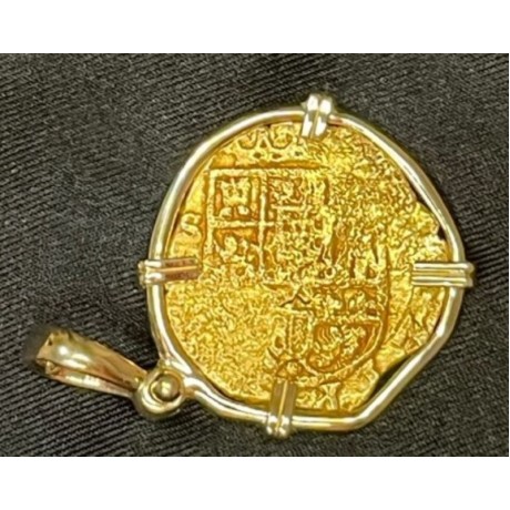 SOLD!!   Rare Atocha Era Gold Doubloon, 2 Escudo, Mint-Seville, Rare Assayer-G, Dated 1619, Full weight un-mounted 6.74 grams, Grade 1, mounted in a custom made 14k gold bezel, total weight 10.6 grams. GC22-2379