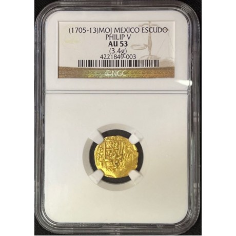 Gold 1 Escudo, Date circa 1705-13, MOJ Mint Mexico, Assayer "J", NGC AU 53, 1715 Plate Fleet shipwreck treasure coin. #GC23-1715-356468