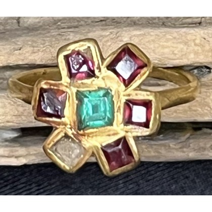 Gold, Garnet, Emerald Ring. Very Rare ornate artifact with 4.1 grams of 22k gold and jewels. Most likely shipwreck date 1650-1750, Grade-VF. #GP23-231791