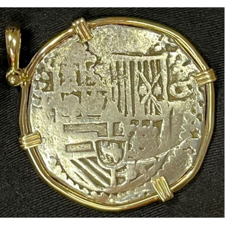SOLD!! Atocha Shipwreck, 8 Reale, Silver Coin, Mint-"P" Potosi, Assayer-NV, Weight 26.60 grams un-mounted, Grade 3+, Mounted weight is 34.1 grams, custom made bezel is jeweler marked and stamped 14k. H 1943 SOLD!!