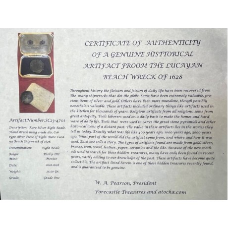  Lucayan Beach Shipwreck with Original Spinks Box- 8 Reale, Silver Coin, Mint-Mexico, Assayer-NV, Weight-25.50 grams, Grade 1, Date circa 1618-1628. #SC23-4701