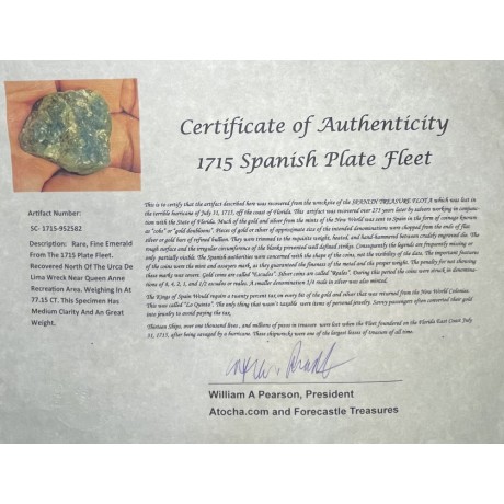SOLD!!  Rare Find! Emerald from 1715 Plate Fleet, weight 77.15 carats. Shipwreck historical specimen. #SC-1715-952582