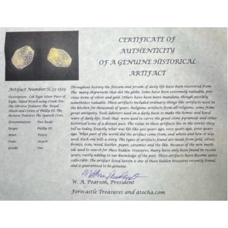 Royal Shield 2 Reale Silver Coin, Mint "P" Potosi, Assayer NV, Full Weight 6.7 grams, Date-Circa 1629/8, Grade 1, Pirate Treasure Cob  #SC23-1523