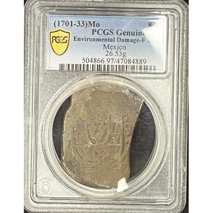 SOLD!!   1715 Spanish Plate Fleet Shipwreck, 8 Reale, Silver Coin, Mint-Mexico City, Assayer-J, Weight 26.53 grams. Date 1701-1733, PCGS certified, large holder. #SC23-1715-124732