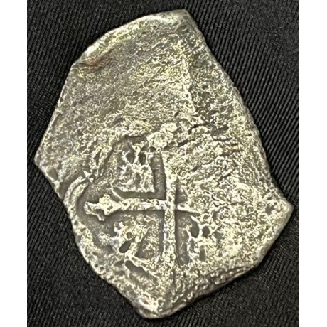 SOLD!!   1715 Spanish Plate Fleet Shipwreck, 8 Reale Silver Coin, Dated 1714, Mint-Mexico City, Assayer-J, Weight 21.78 grams. Grade 1. #SC23-1715-865703