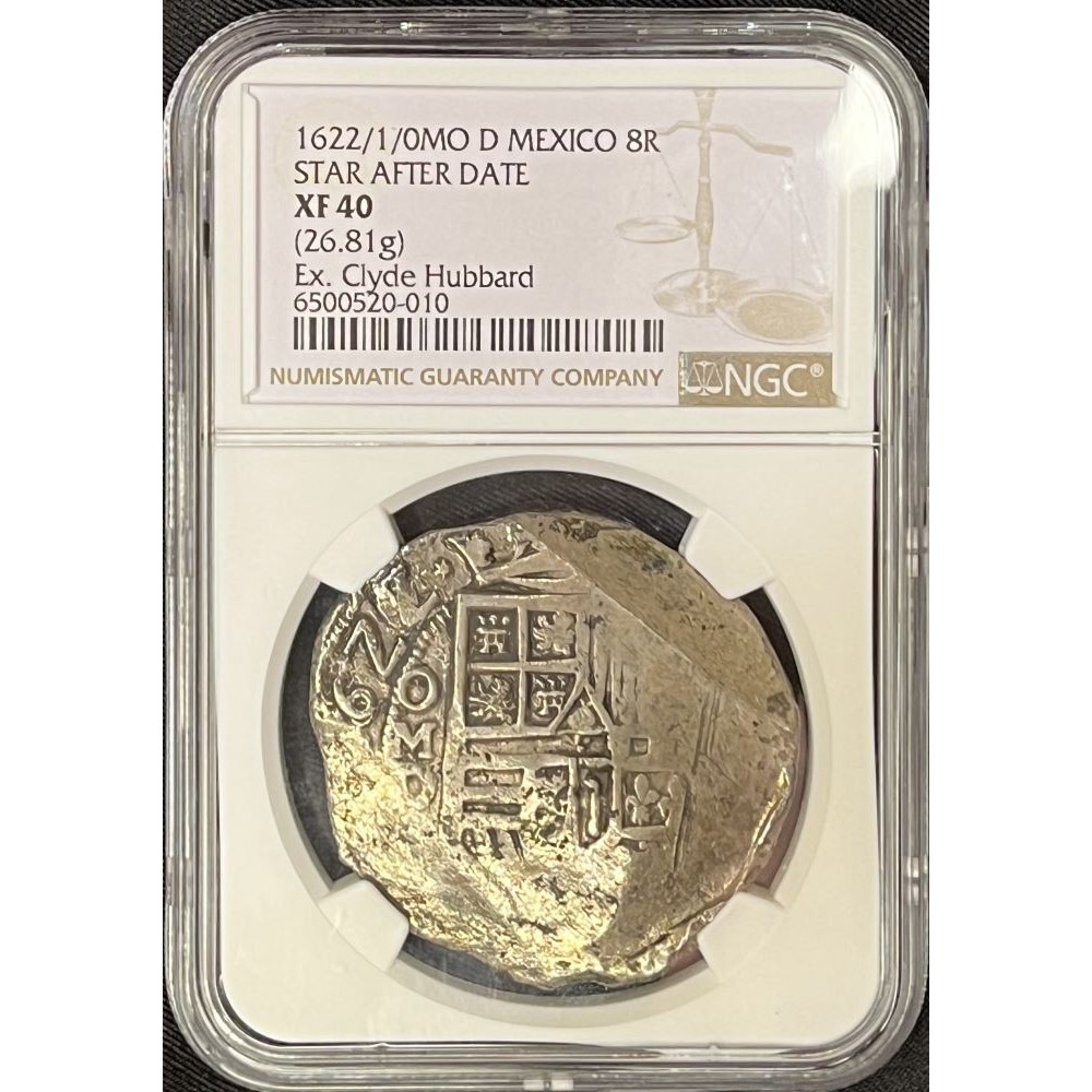 Super Rare Mexican oMD, 8 Reale Silver Coin, Dated 1622/1, Star after date. Big, bold, silver coin. Weight 26.81 grams, Ex-Clyde Hubbard Find. Certified NGC XF-40. #SC23-462