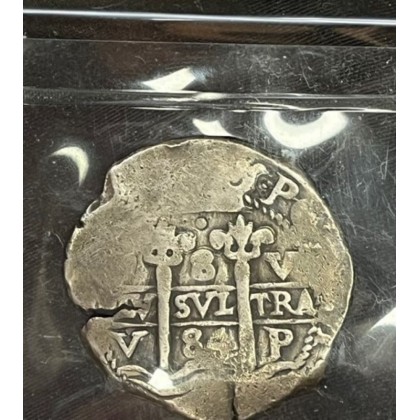 Pillar and Wave 8 Reale Silver Coin, Mint Bolivia, Assayer "V", Double Dated 1684, Near full weight of 26.65 grams, Grade VF. Ex-Sedwick auction coin. Still sealed in auction flip-card holder, undisturbed. #SC23-728