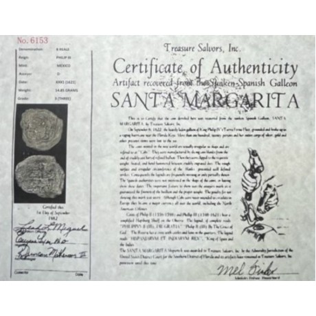 Atocha Fleet, Santa Margarita Shipwreck, 8 Reale Silver Coin, Mint - Mexico, Assayer - D, Date 1621, Coin weight 16.85 grams, Grade 3, Mounted in custom silver bezel with total weight of 20.4 grams, #6153