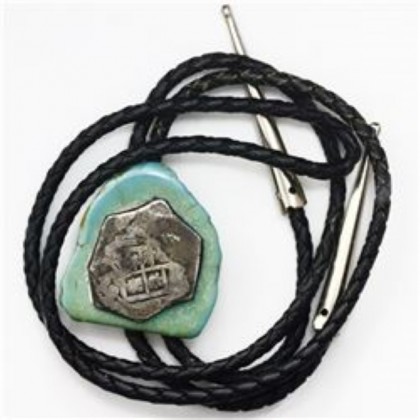 1715 Fleet Silver Four Reale Coin in Silver and Turquoise Bolo Tie. 1715-SC1782 
