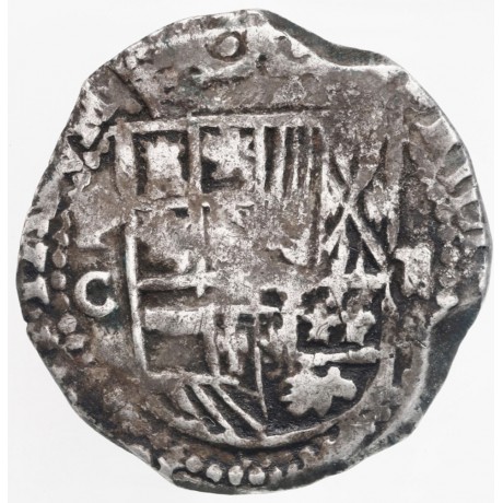 Extremely Rare Atocha Era Silver Two Reale Grade One (VF) Coin, Potosi Mint Assayer C, Ex Jorge Ugaz Collection. 22-2774