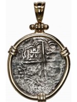 Santa Margarita (Sistership of the Atocha) Silver Two Reale GRADE ONE Coin Pendant in 14K Gold Bezel. 5797