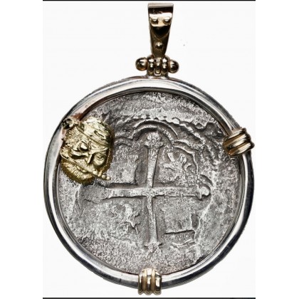 Atocha Silver Four Reale Grade Two Coin Pendant in 14K Gold and Sterling Silver Pirate and Galleon Bezel. 85A-125860
