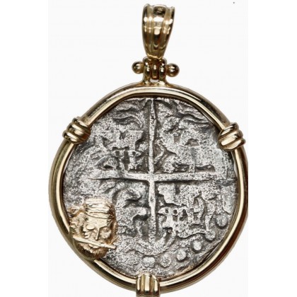 Atocha Silver Four Reale Grade Two Coin Pendant in 14K Gold Pirate Bezel dated 1622? 85A-134518