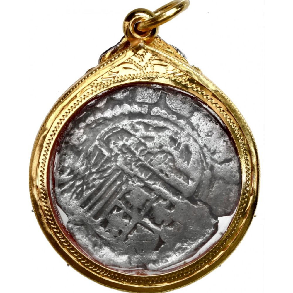 Atocha Silver Two Reale Grade One Coin Pendant in Heavy 18K Yellow and White Gold Skull Bezel. 85A-135307