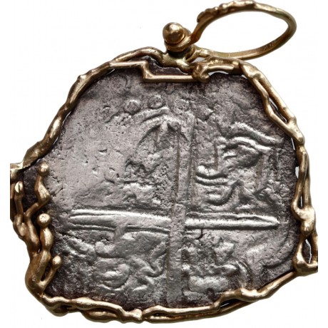 Atocha Silver Eight Reale Dated 1620 Coin Pendant in Filagree 14K Gold Bezel, COA with Kim Fishers personal signature. 96A-14303