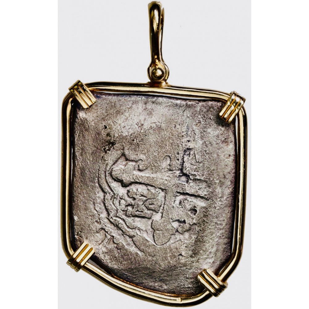 1715 Fleet Silver Eight Reale Grade One Coin Pendant in 14K Gold Bezel with Original Mel Fisher Certification. CB84-702