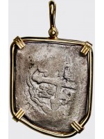 1715 Fleet Silver Eight Reale Grade One Coin Pendant in 14K Gold Bezel with Original Mel Fisher Certification. CB84-702
