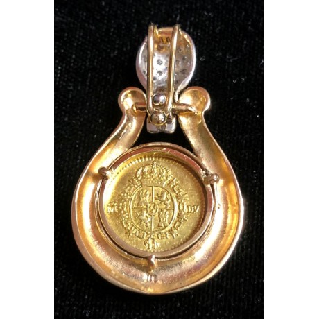 Gold One-Half Escudo dated 1781 in a 14K Gold and 1/4 Carat Diamond Bezel. GC20-2392